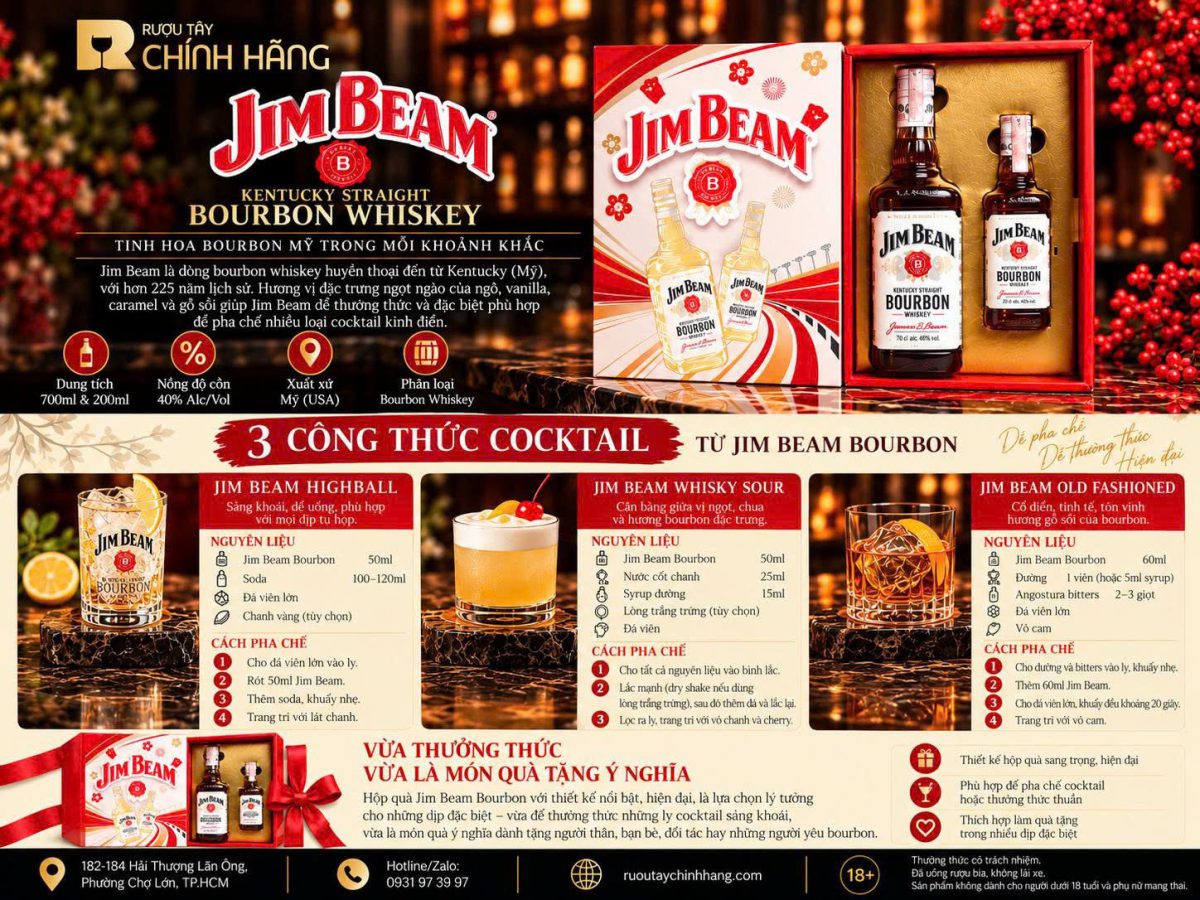 Poster 3 công thức cocktail từ Jim Beam Bourbon: Highball, Whisky Sour và Old Fashioned